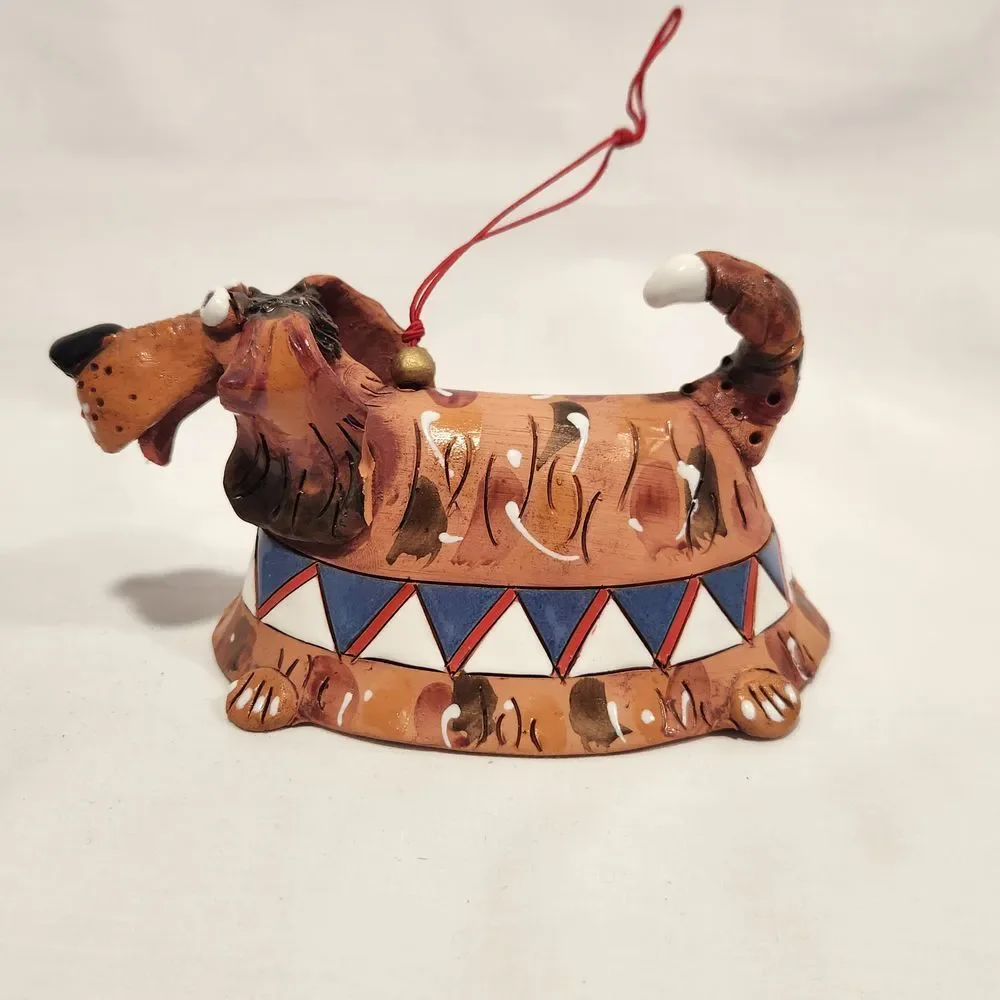 Handmade Studio Pottery Dachshund Dog Bell Ornament‎ Whimsical Folk Art Brown